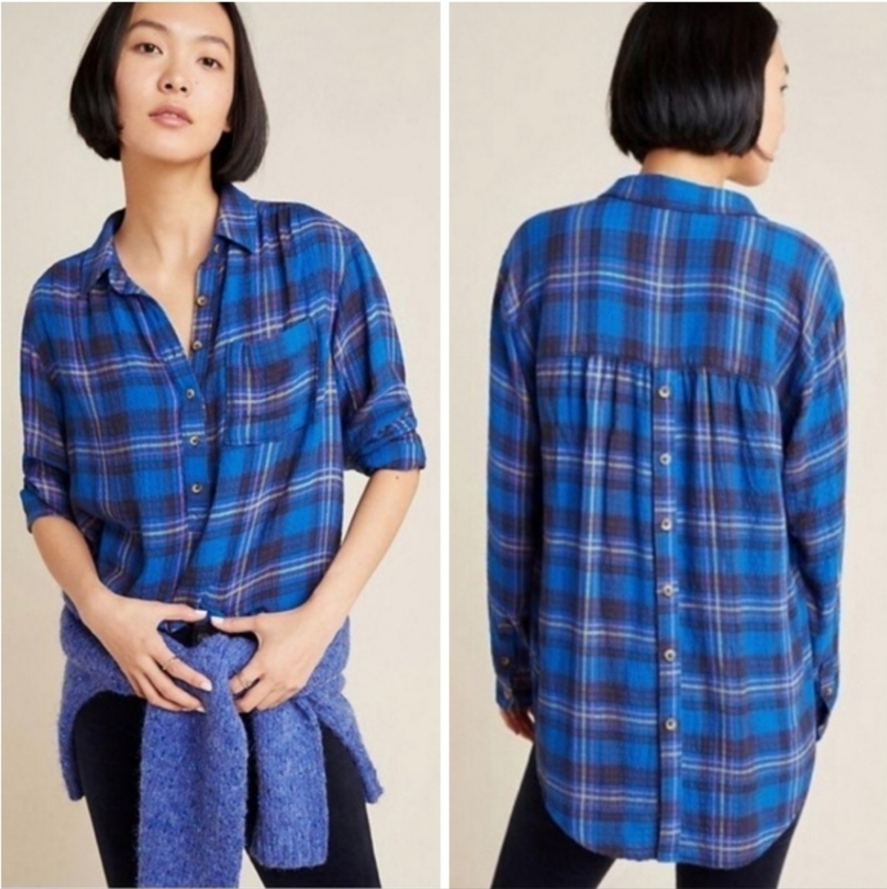 Anthropologie Isadora Women Blue Plaid Button Down Long Sleeve Shirt size xl